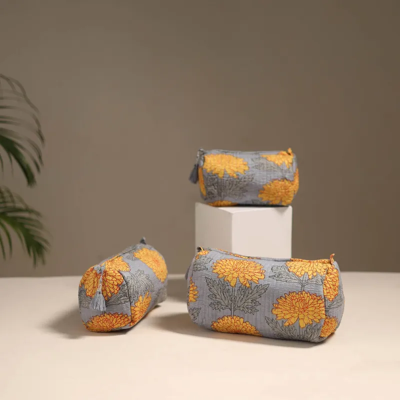 Grey - Floral Hand Block Print Quilted Toiletry Bags (Set of 3) 22 sold by Itokri