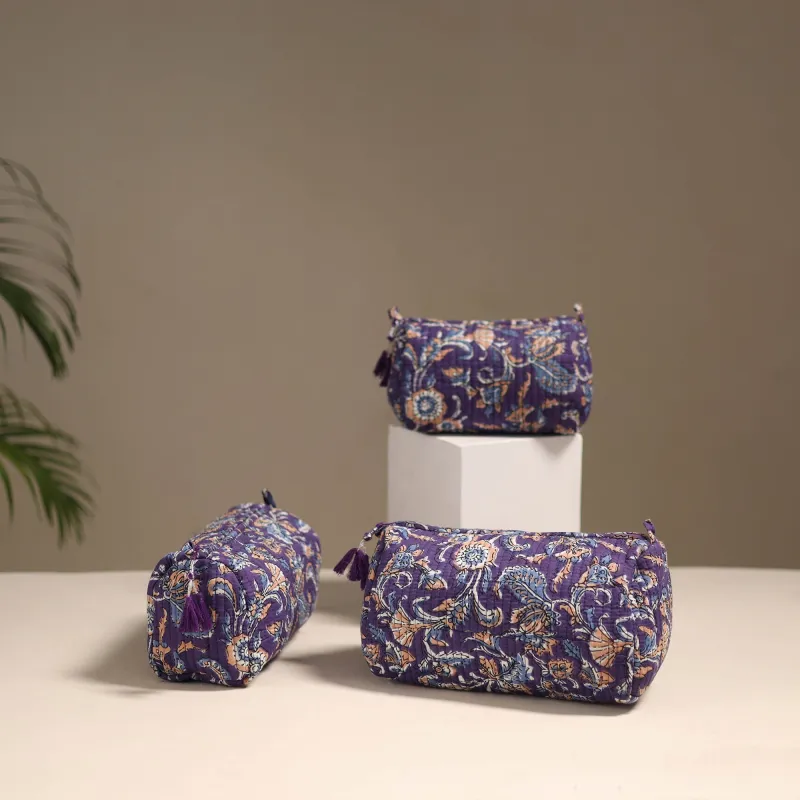 Purple - Floral Hand Block Print Quilted Toiletry Bags (Set of 3) 20 sold by Itokri