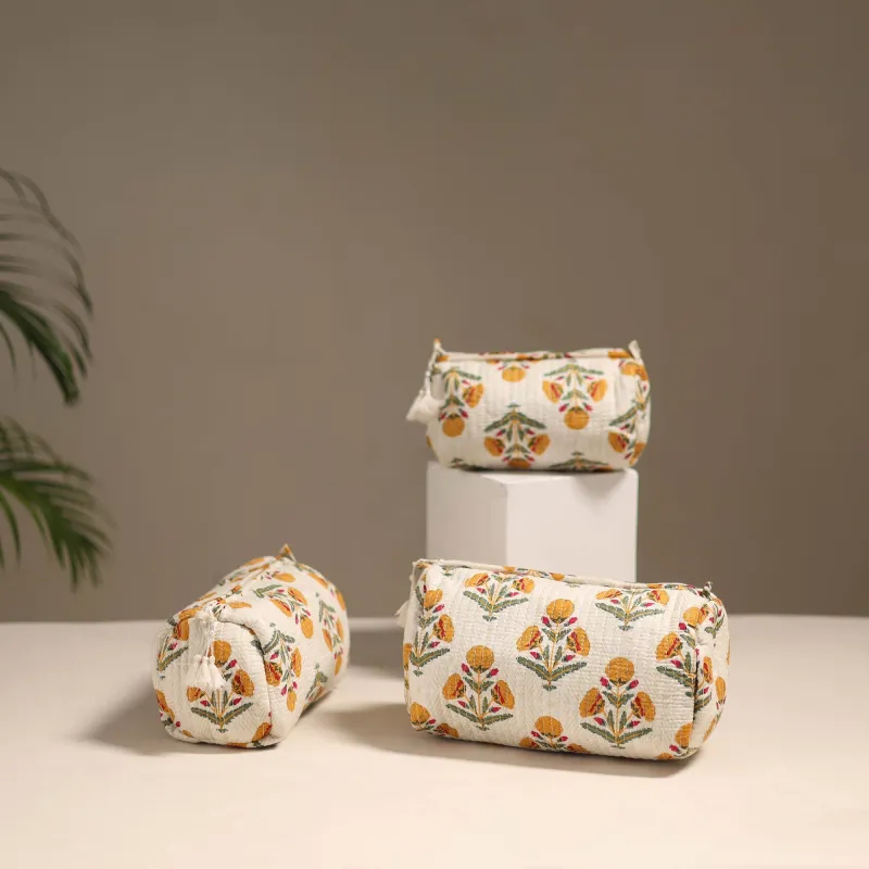 White - Floral Hand Block Print Quilted Toiletry Bags (Set of 3) 19 sold by Itokri