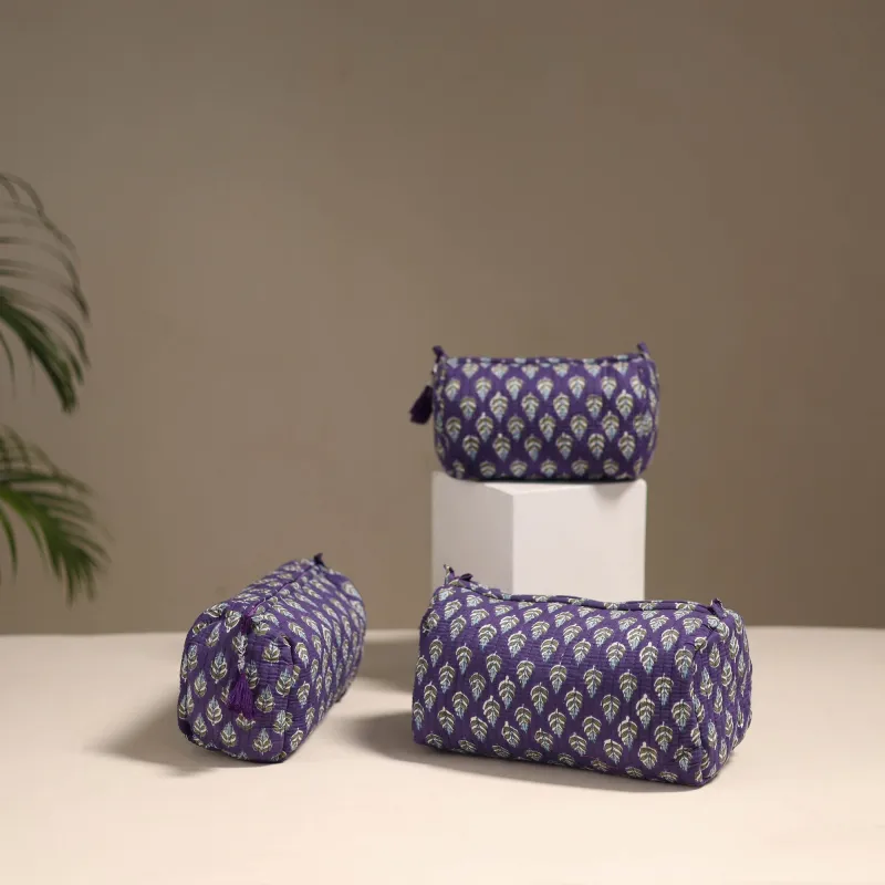 Purple - Floral Hand Block Print Quilted Toiletry Bags (Set of 3) 18 sold by Itokri