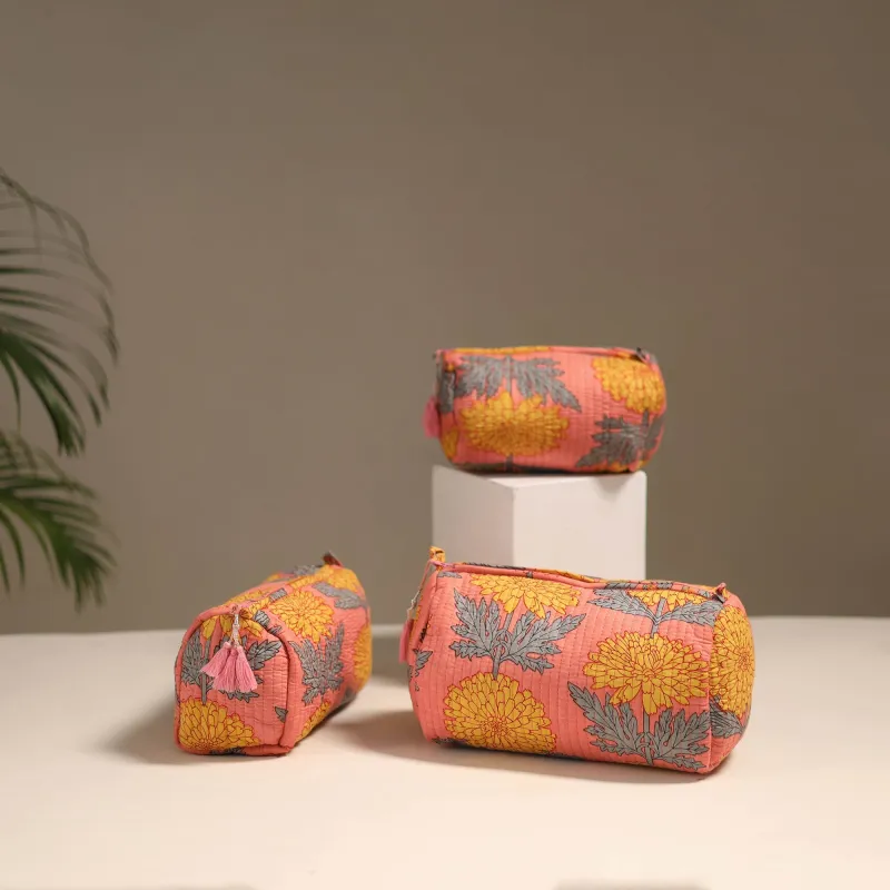Pink - Floral Hand Block Print Quilted Toiletry Bags (Set of 3) 12 sold by Itokri