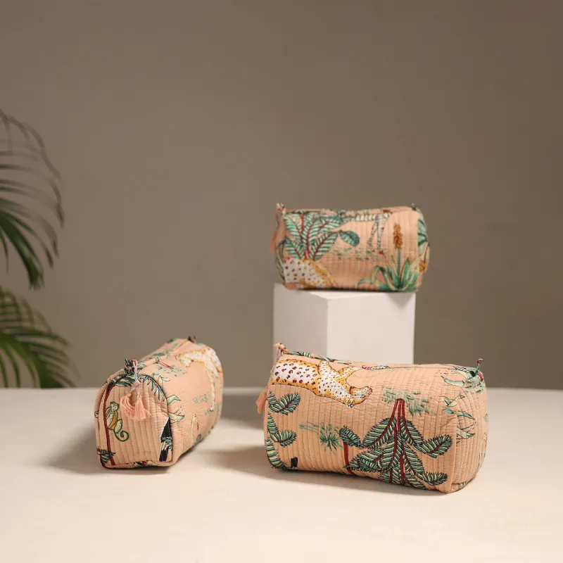 Peach - Floral Hand Block Print Quilted Toiletry Bags (Set of 3) 38 sold by Itokri