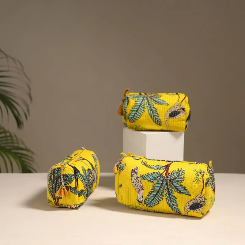 Yellow - Floral Hand Block Print Quilted Toiletry Bags (Set of 3) 32 sold by Itokri