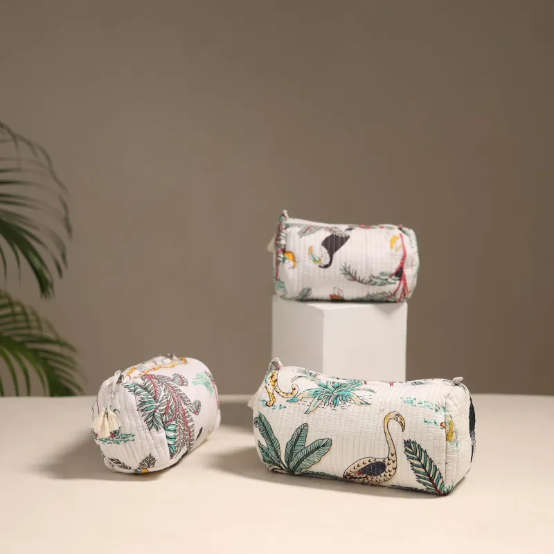 White - Floral Hand Block Print Quilted Toiletry Bags (Set of 3) 29 sold by Itokri