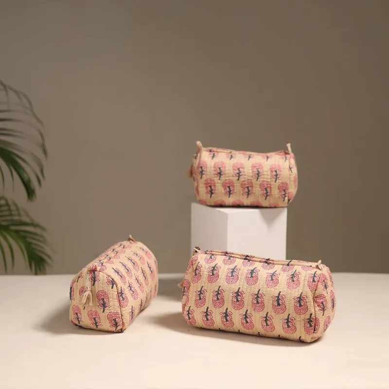 Peach - Floral Hand Block Print Quilted Toiletry Bags (Set of 3) 27 sold by Itokri