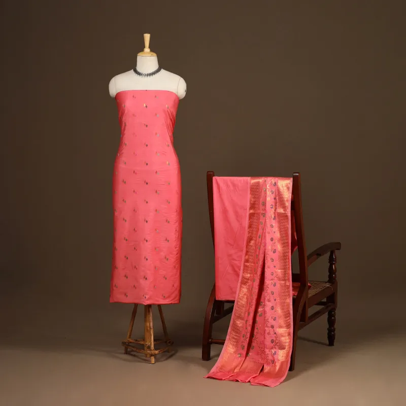 Pink - 3pc Silk Cotton Meena Weaving Unstitched Banarasi Dress Material 02 sold by Itokri