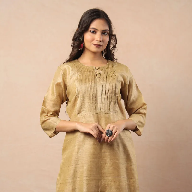 Pastel Yellow Bhagalpuri Handwoven Desi Tussar Silk Long Kurta sold by Itokri