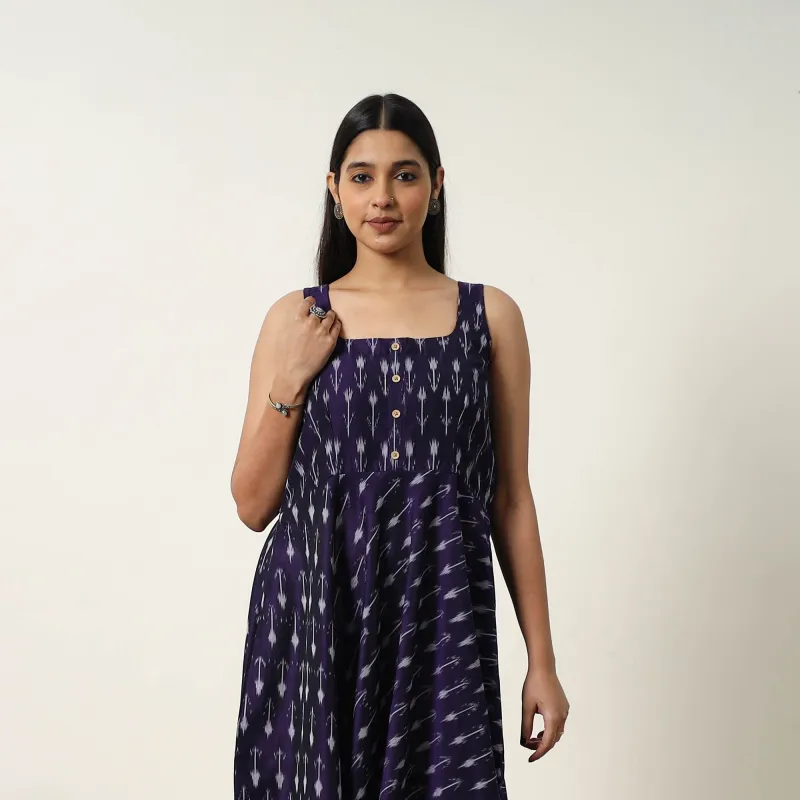 Blue - Mercerized Cotton Flared Pochampally Ikat Dress 18 sold by Itokri