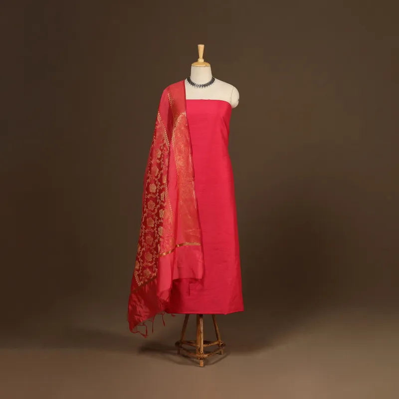 Pink - 2pc Slub Silk Unstitched Plain Dress Material with Earrings 27 sold by Itokri