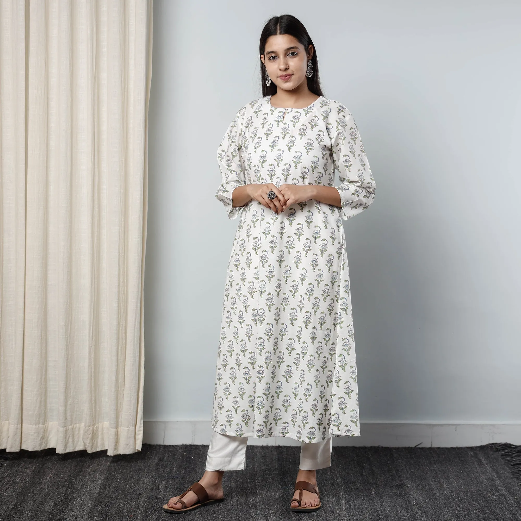 White - Sanganeri Block Printed Cotton Long Kurta sold by Itokri product image thumbnail 2