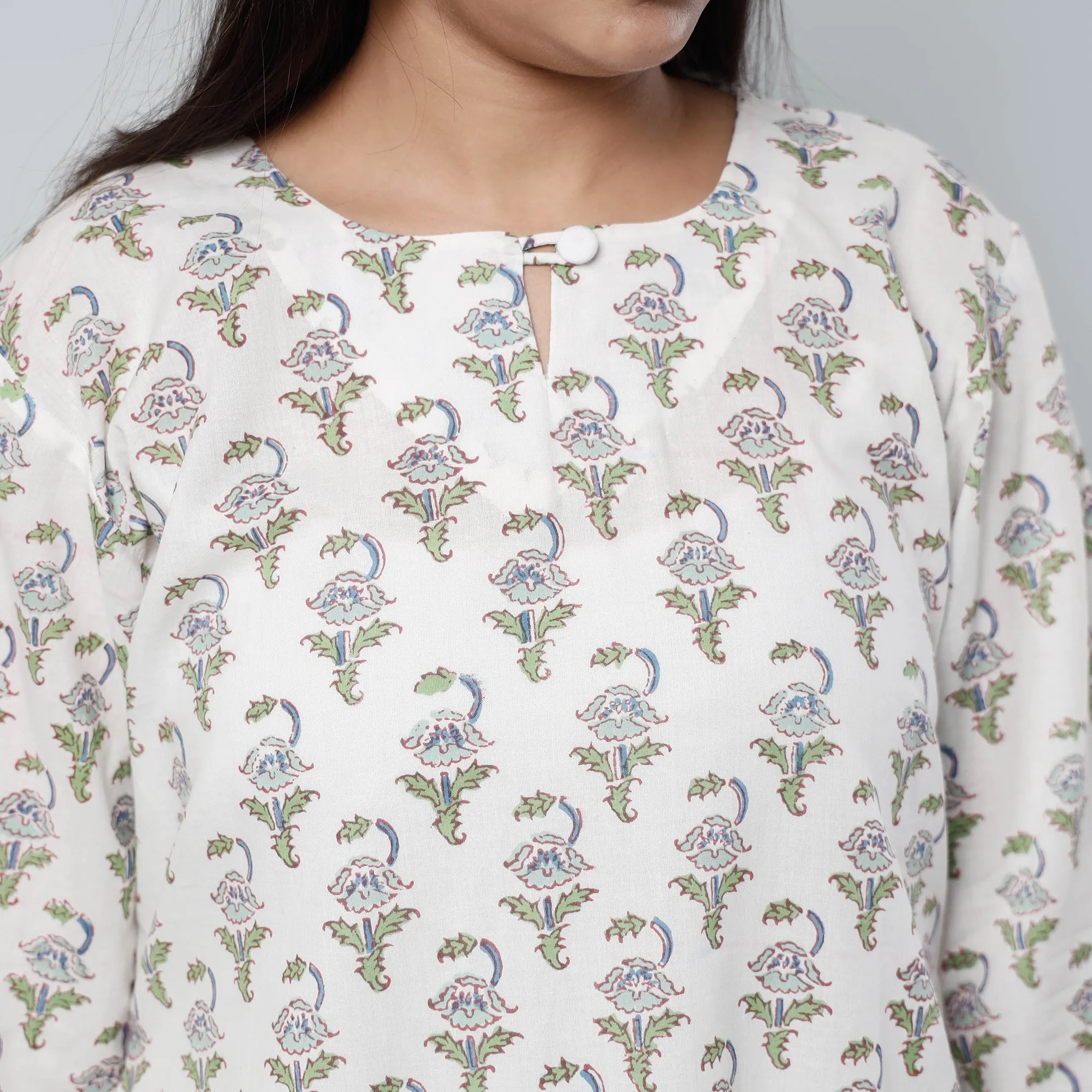 White - Sanganeri Block Printed Cotton Long Kurta sold by Itokri product image thumbnail 5