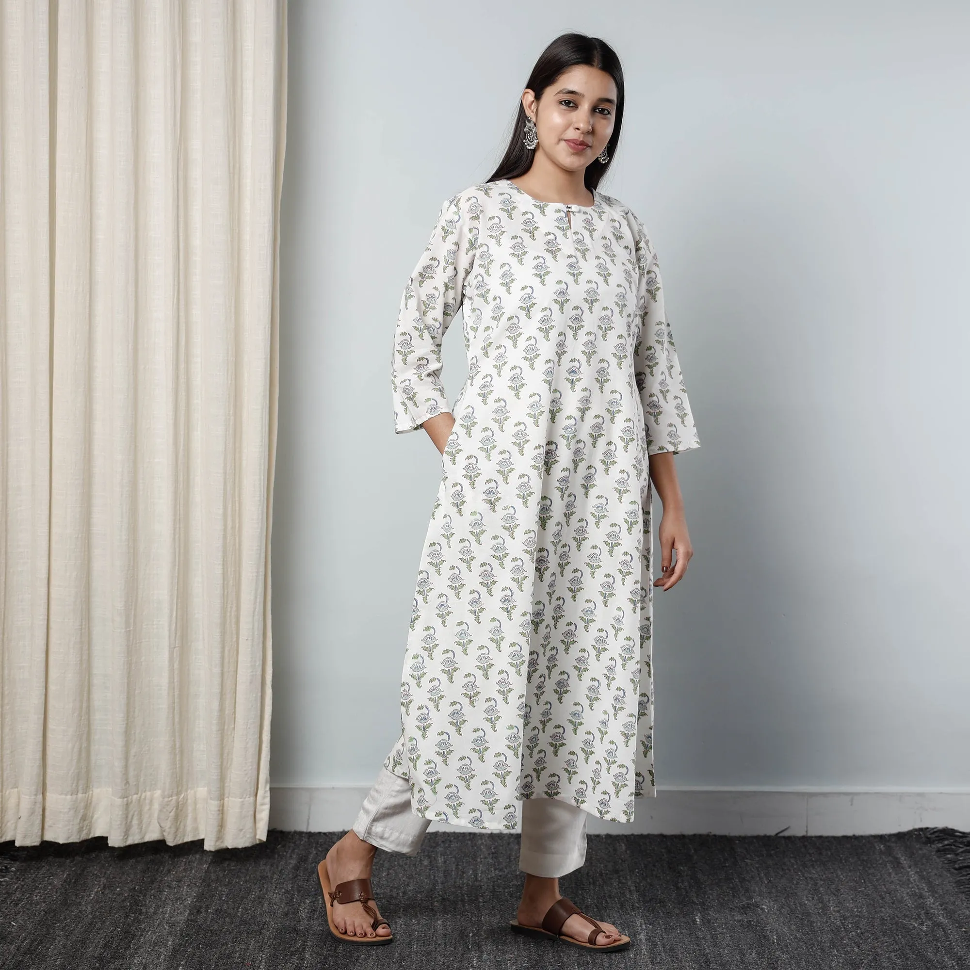 White - Sanganeri Block Printed Cotton Long Kurta sold by Itokri product image thumbnail 4