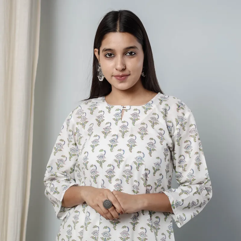 White - Sanganeri Block Printed Cotton Long Kurta sold by Itokri