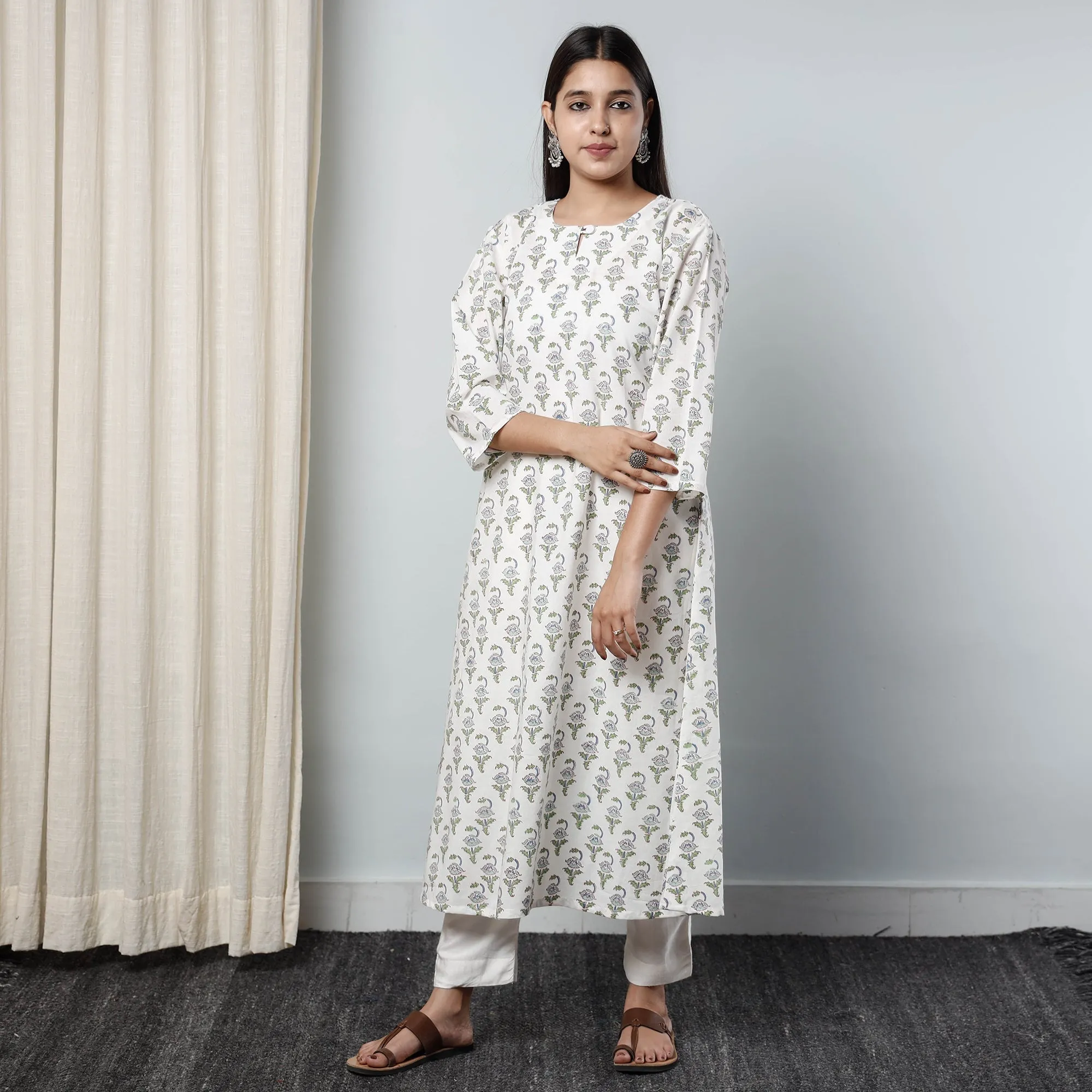 White - Sanganeri Block Printed Cotton Long Kurta sold by Itokri product image thumbnail 3