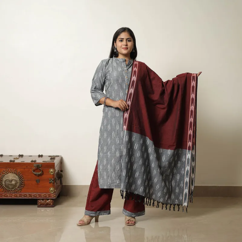 Grey - Handloom Cotton Pochampally Ikat Kurta Set 17 sold by Itokri