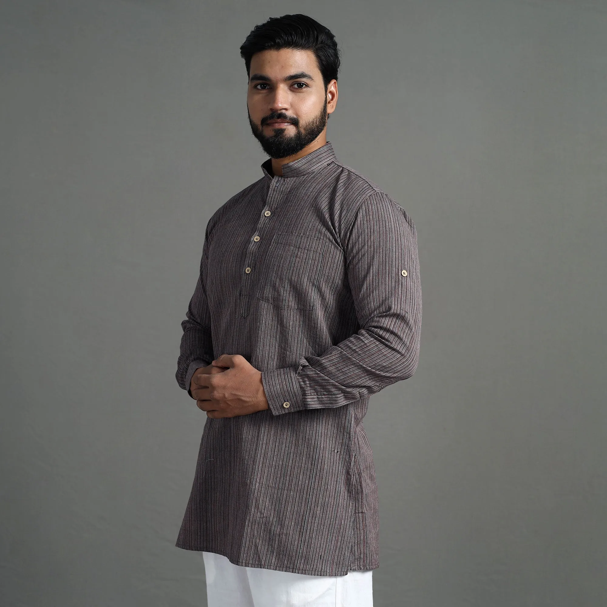 Brown - Handloom Cotton Stripe Men Short Kurta sold by Itokri product image thumbnail 4
