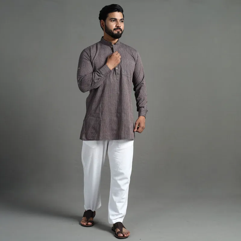 Brown - Handloom Cotton Stripe Men Short Kurta sold by Itokri