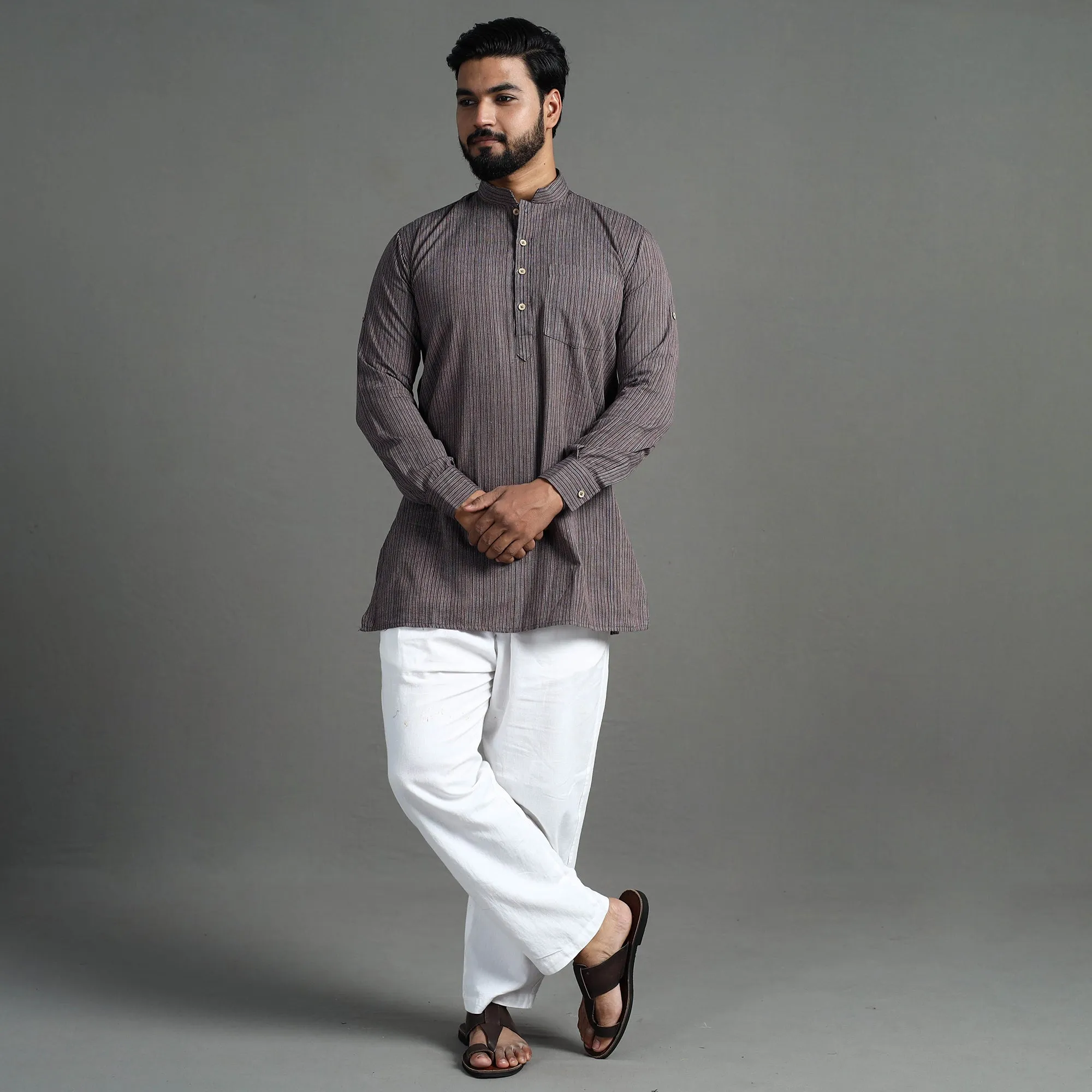Brown - Handloom Cotton Stripe Men Short Kurta sold by Itokri product image thumbnail 2