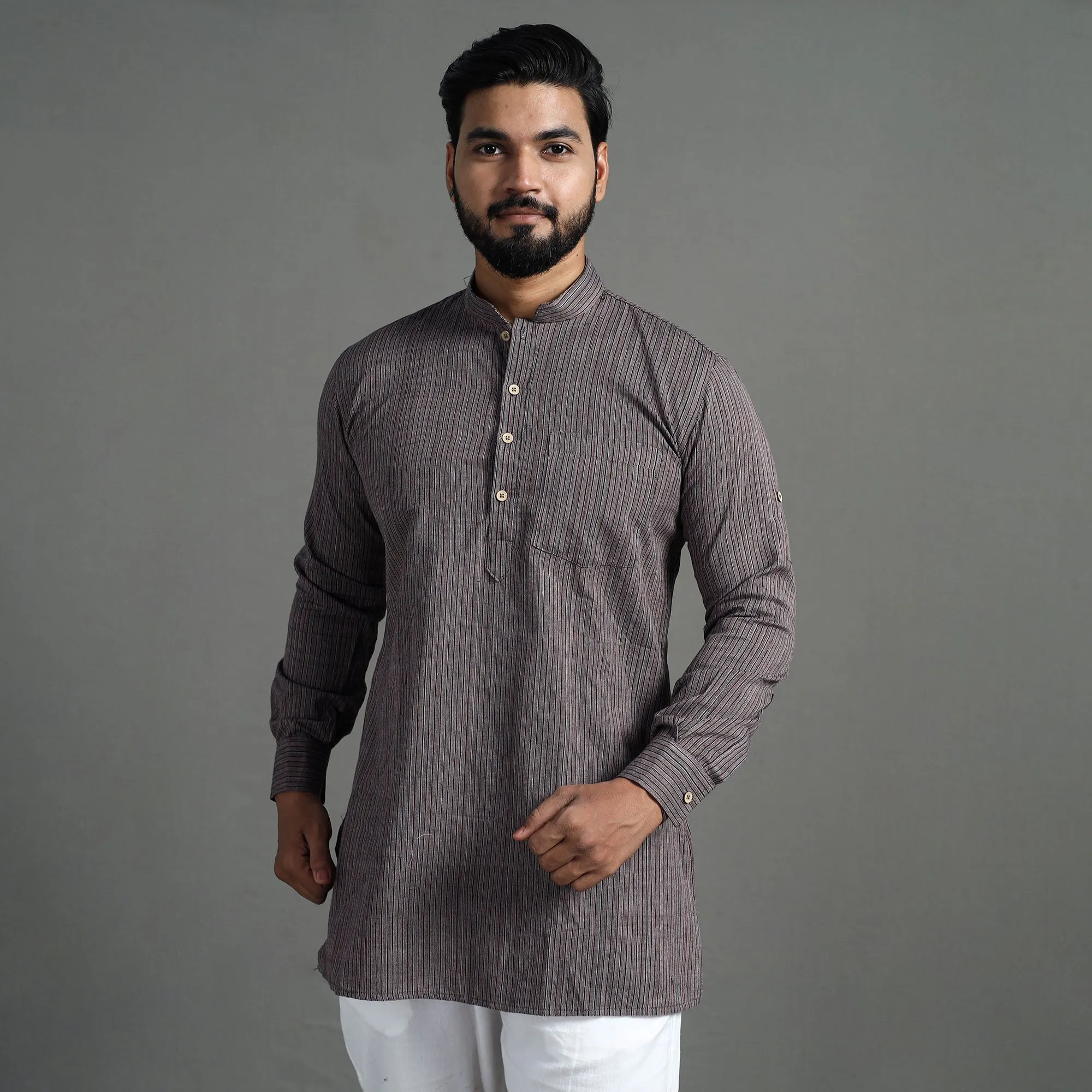 Brown - Handloom Cotton Stripe Men Short Kurta sold by Itokri product image thumbnail 3