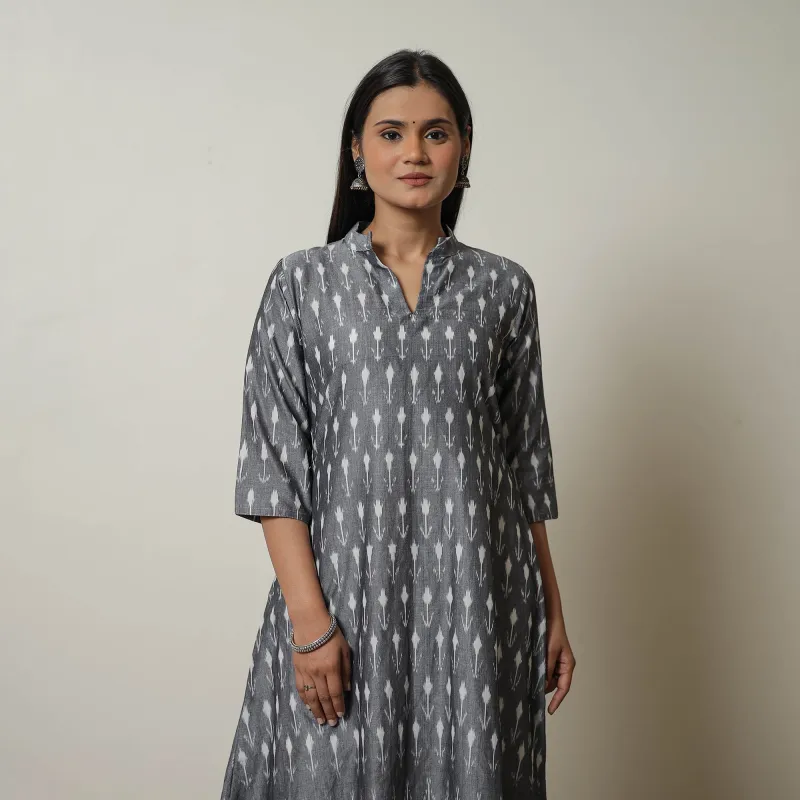 Grey - Mercerised Cotton A-Line Pochampally Ikat Kurta 02 sold by Itokri