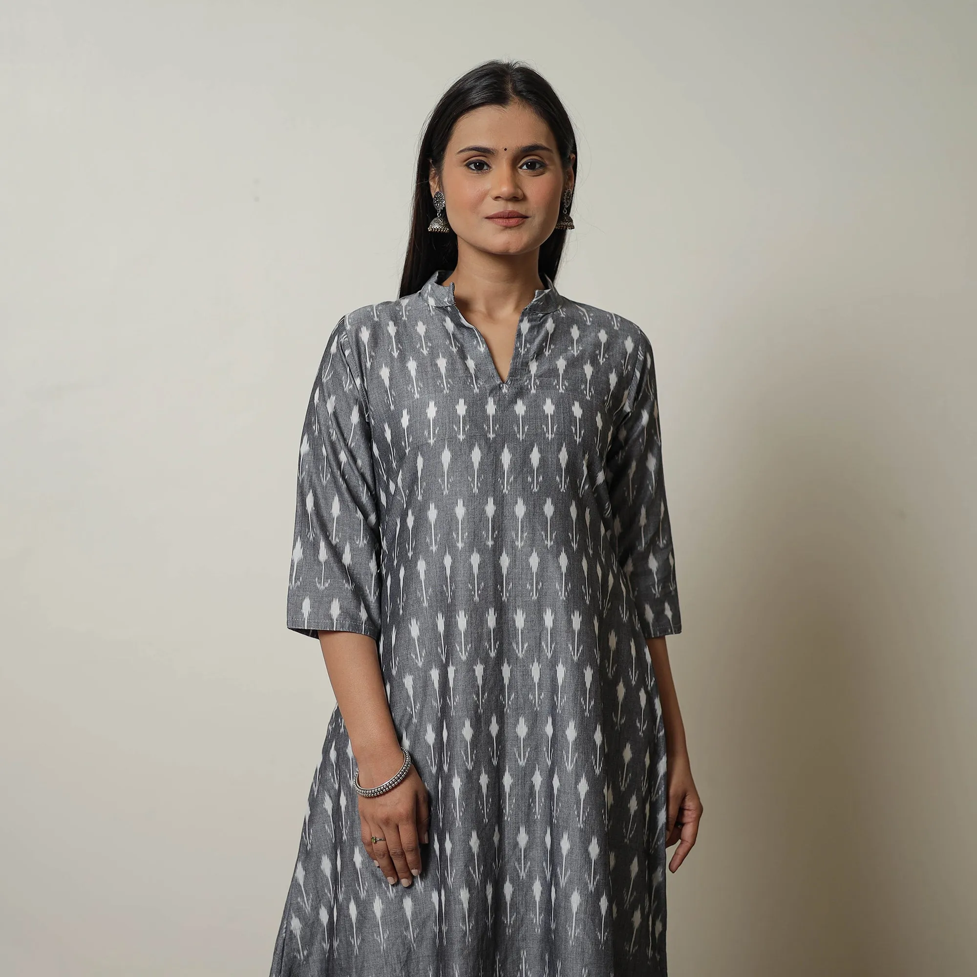 Grey - Mercerised Cotton A-Line Pochampally Ikat Kurta 02 sold by Itokri
