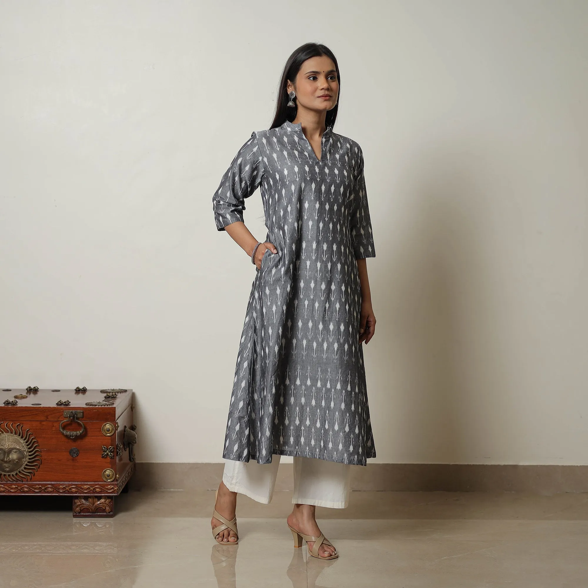 Grey - Mercerised Cotton A-Line Pochampally Ikat Kurta 02 sold by Itokri product image thumbnail 3
