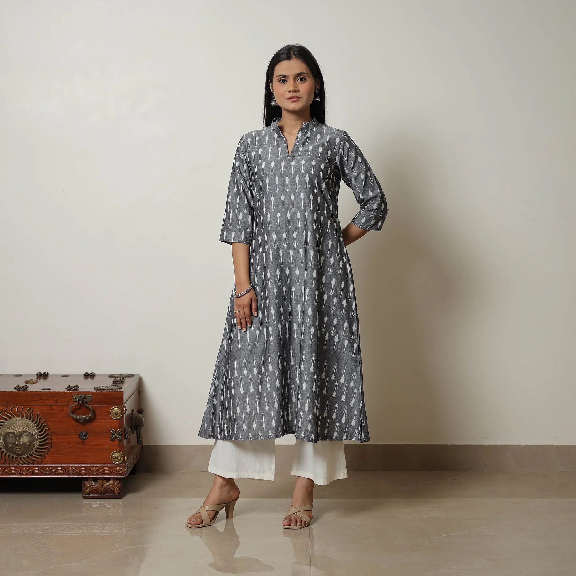 Grey - Mercerised Cotton A-Line Pochampally Ikat Kurta 02 sold by Itokri product image thumbnail 2