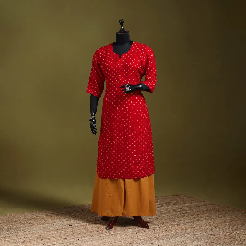 Red - Tie-Dye Cotton Straight Bandhani Kurta 09 sold by Itokri