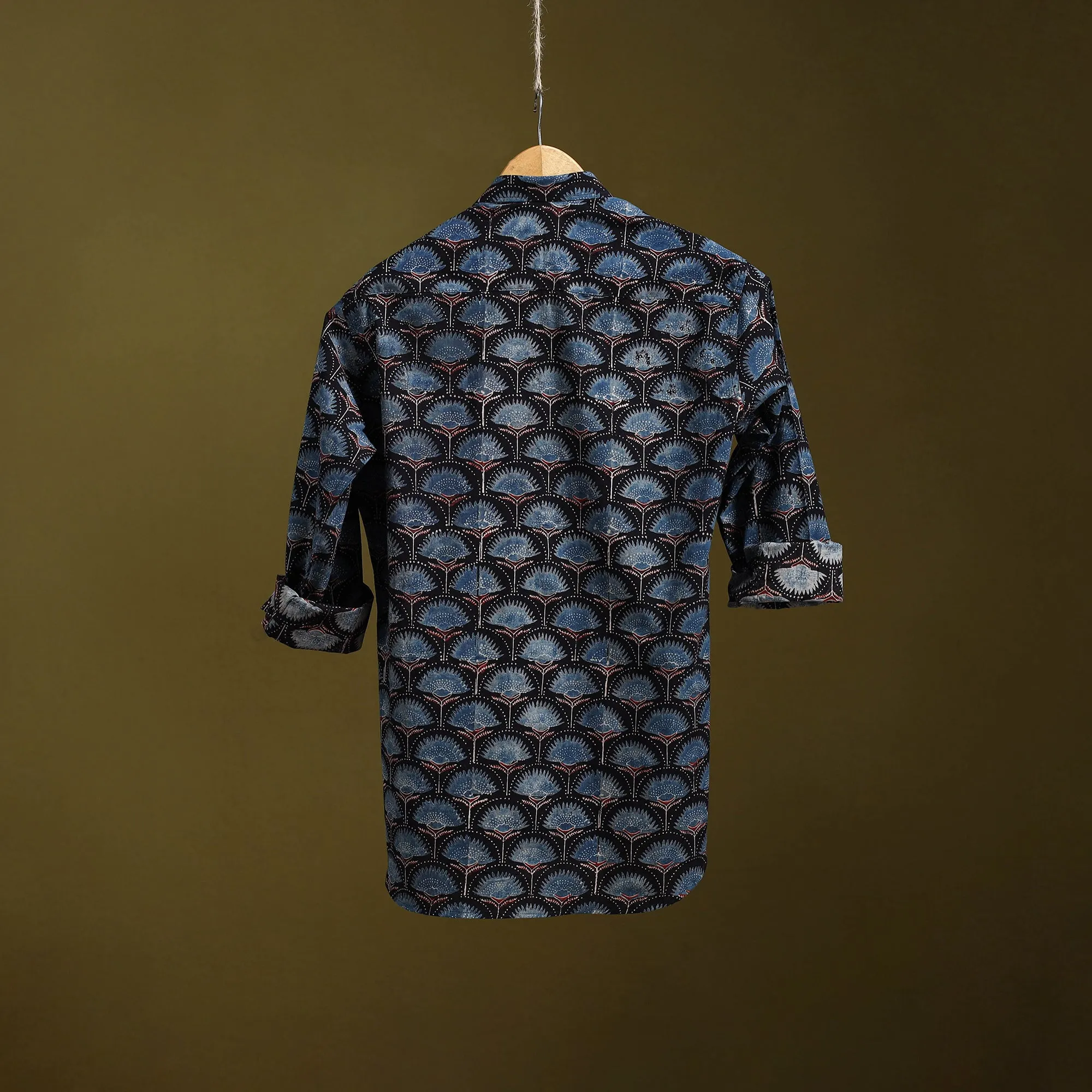 Blue - Natural Dyed Block Print Cotton Men Full Sleeve Ajrakh Shirt 12 sold by Itokri product image thumbnail 4
