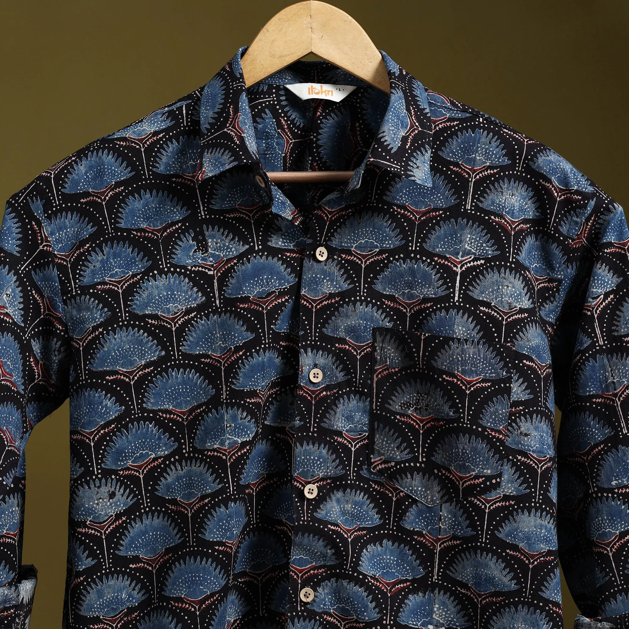 Blue - Natural Dyed Block Print Cotton Men Full Sleeve Ajrakh Shirt 12 sold by Itokri product image thumbnail 2