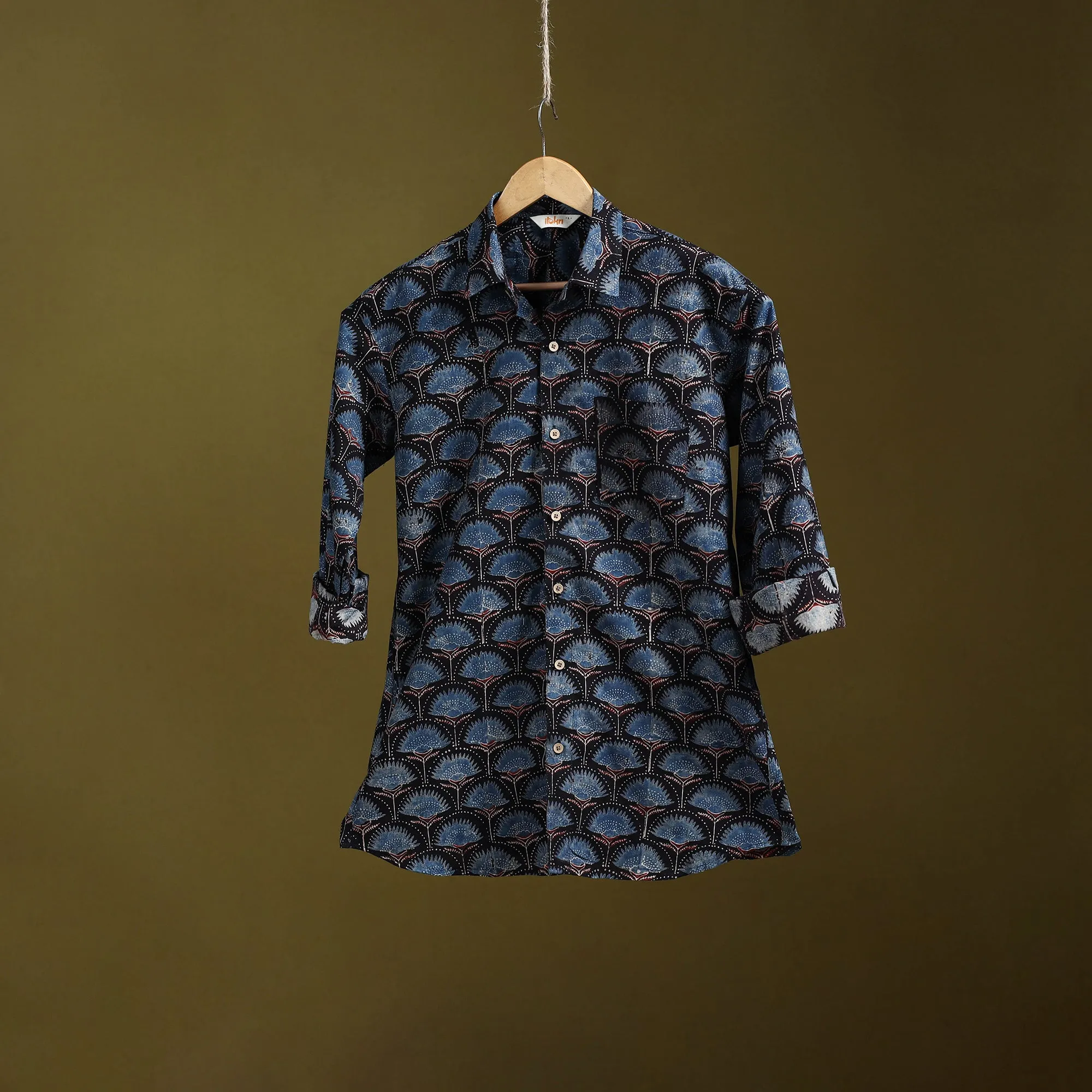 Blue - Natural Dyed Block Print Cotton Men Full Sleeve Ajrakh Shirt 12 sold by Itokri