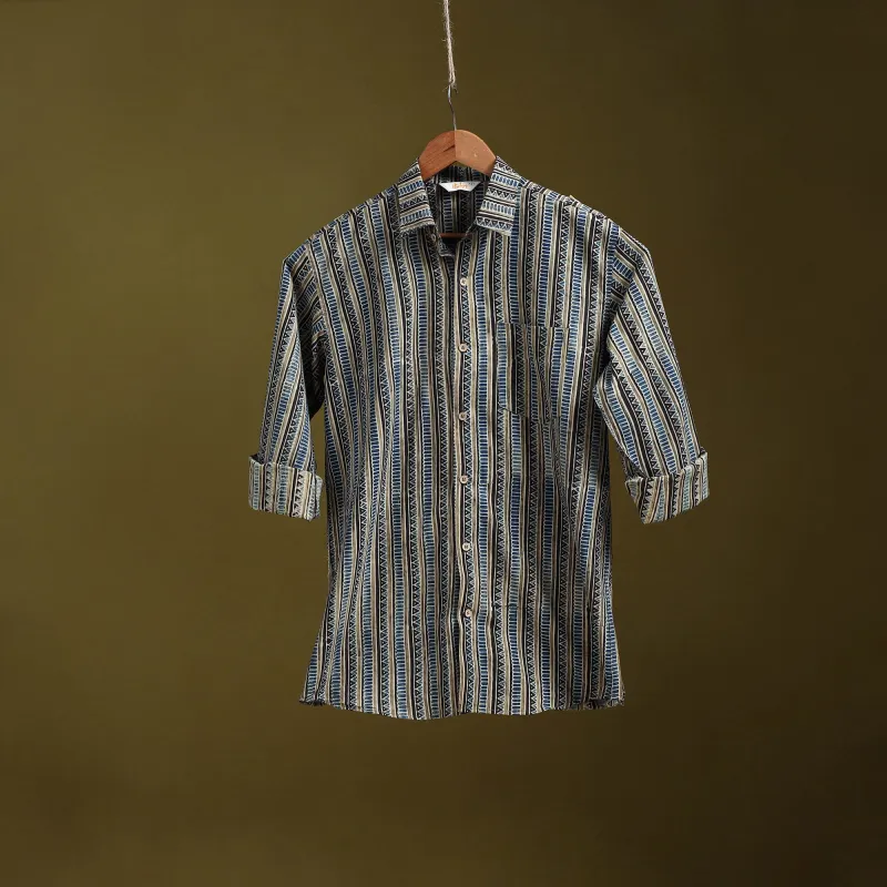 Multicolor - Natural Dyed Block Print Cotton Men Full Sleeve Ajrakh Shirt 08 sold by Itokri