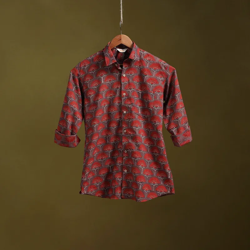 Red - Natural Dyed Block Print Cotton Men Full Sleeve Ajrakh Shirt 04 sold by Itokri