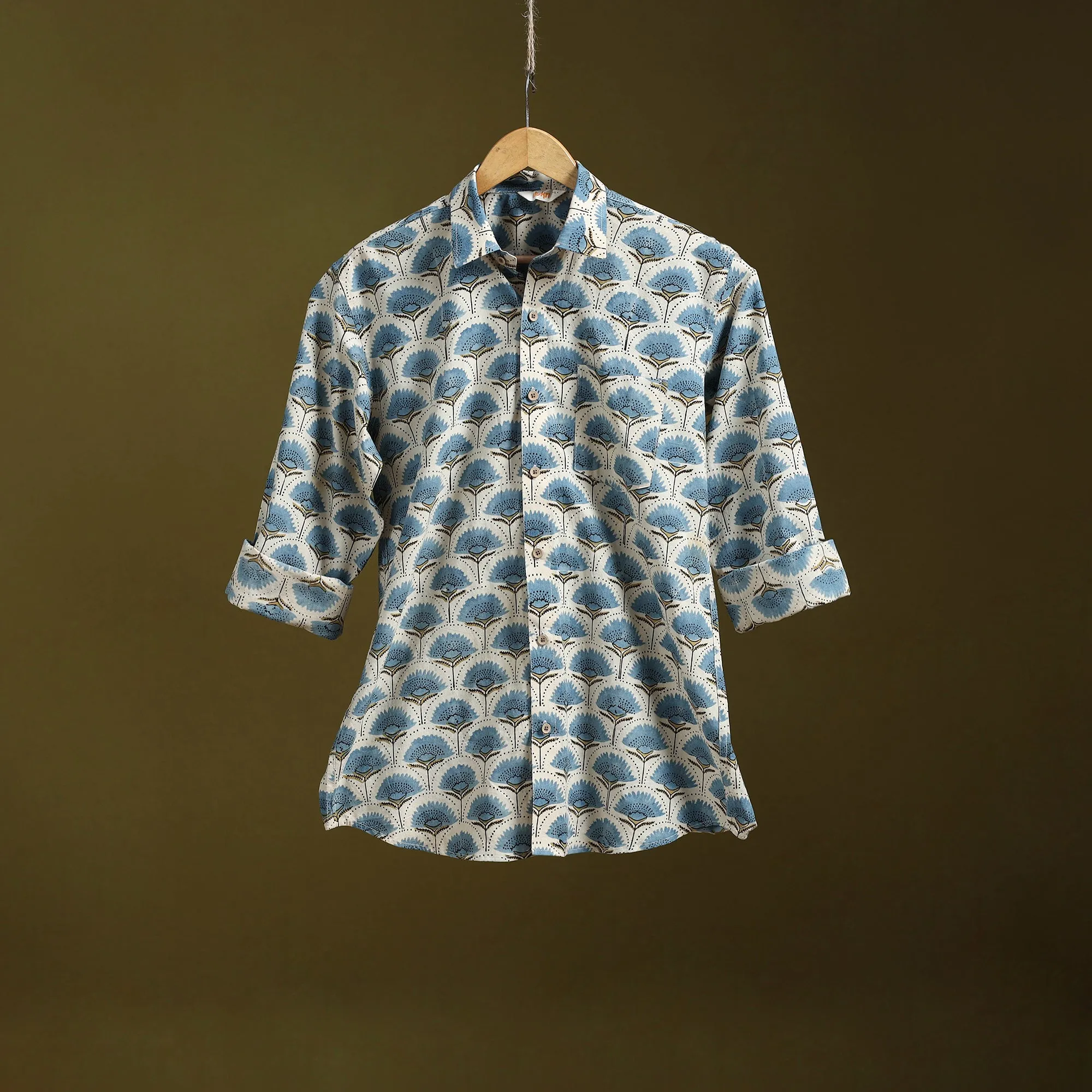White - Natural Dyed Block Print Cotton Men Full Sleeve Ajrakh Shirt 02 sold by Itokri