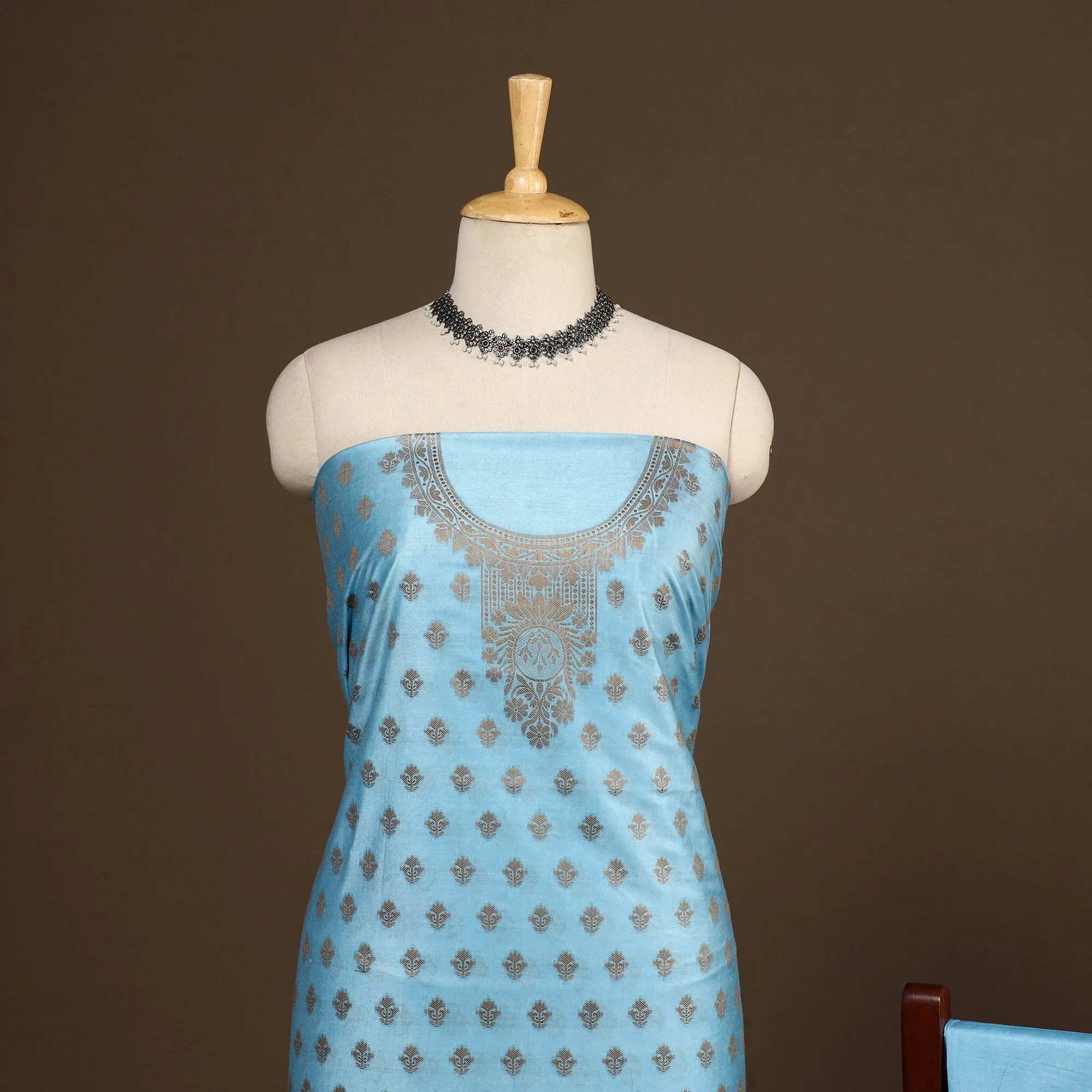 Blue - 3pc Silk Cotton Thread Work Unstitched Banarasi Dress Material 13 sold by Itokri product image thumbnail 3