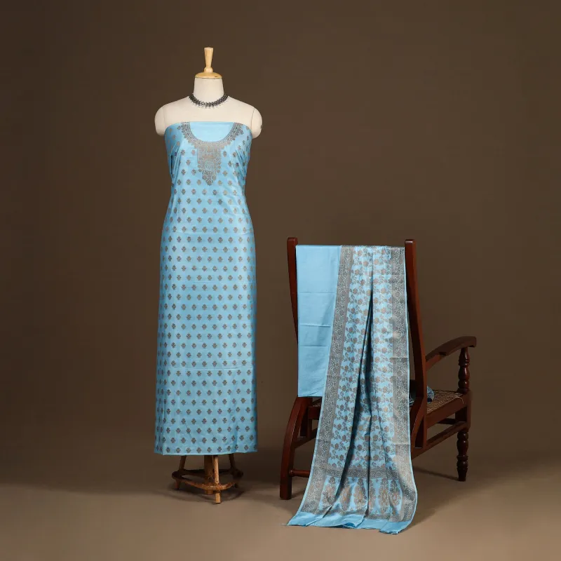 Blue - 3pc Silk Cotton Thread Work Unstitched Banarasi Dress Material 13 sold by Itokri
