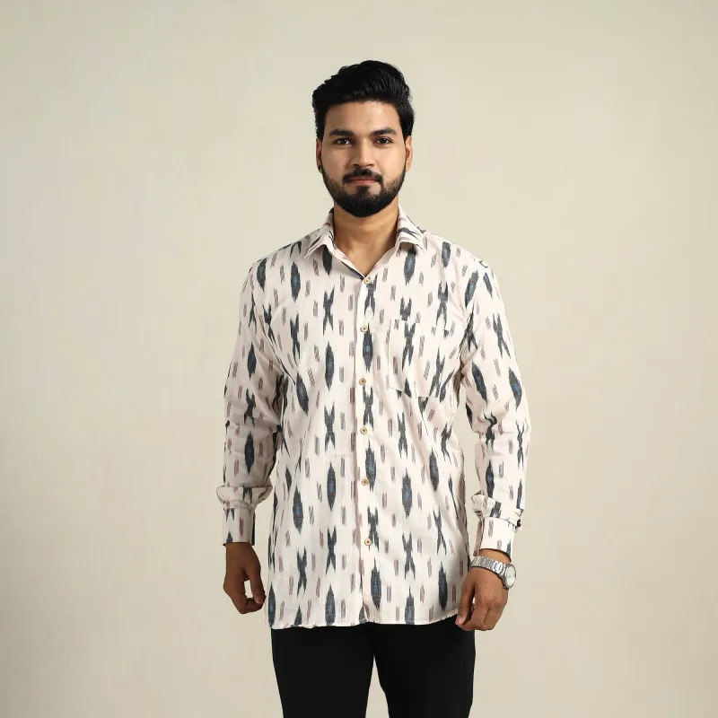 White - Full Sleeve Men Cotton Pochampally Ikat Shirt 13 sold by Itokri