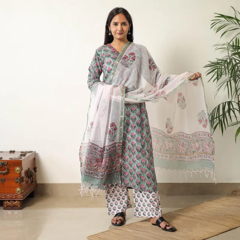 Green - Sanganeri Block Printed Cotton Kurta with Palazzo & Dupatta Set 07 made by Itokri