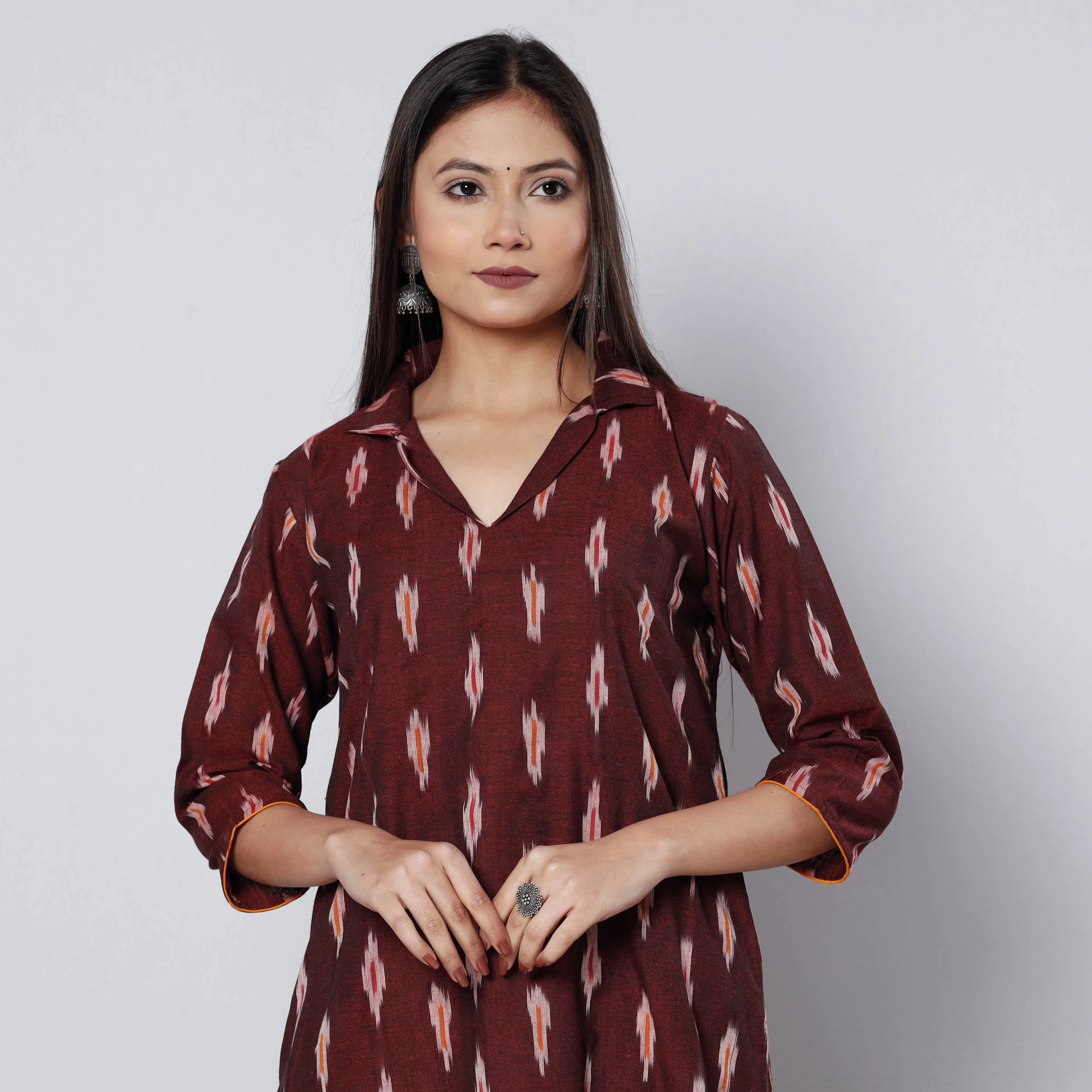 Brown - Maroon Pochampally Ikat Weave Cotton Long Straight Kurta sold by Itokri
