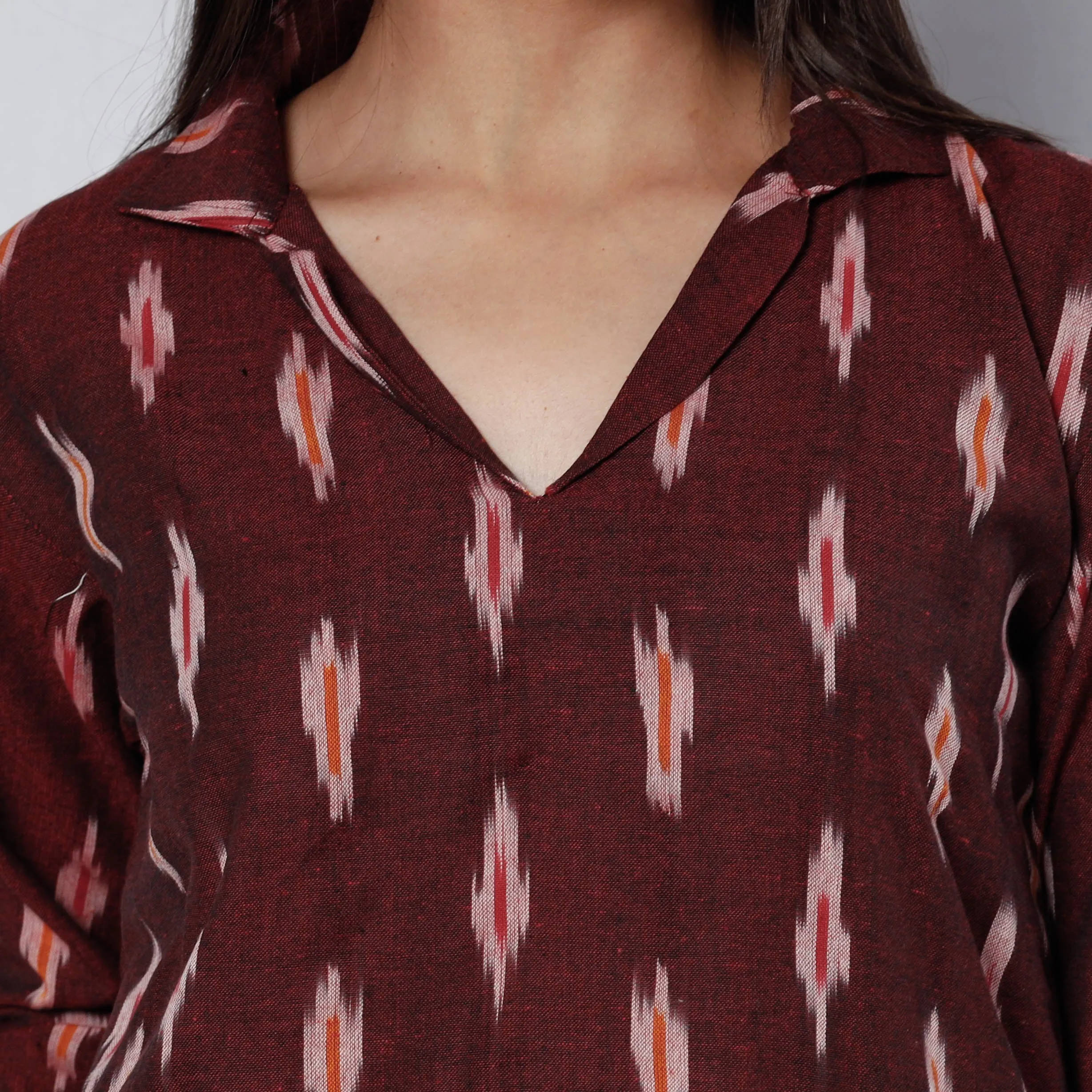 Brown - Maroon Pochampally Ikat Weave Cotton Long Straight Kurta sold by Itokri product image thumbnail 4