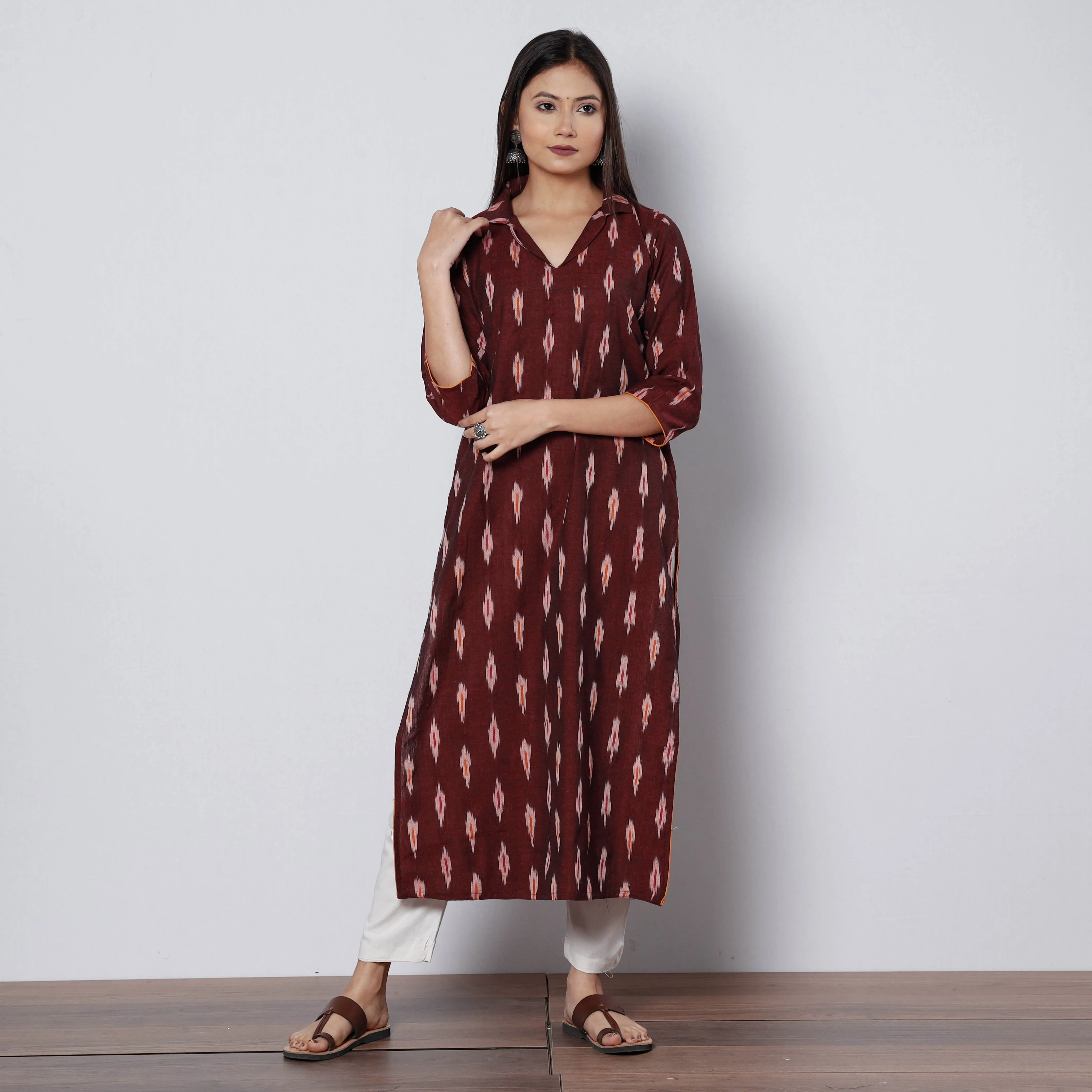 Brown - Maroon Pochampally Ikat Weave Cotton Long Straight Kurta sold by Itokri product image thumbnail 2