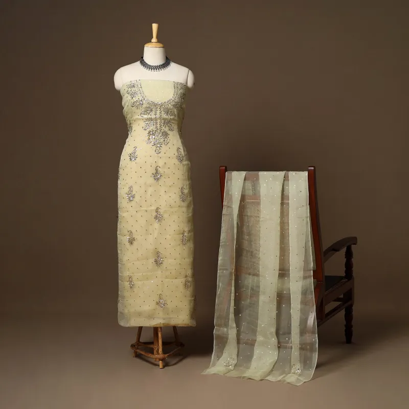 Beige - 2pc Organza Silk Unstitched Mukaish Handwork Dress Material 39 made by Itokri