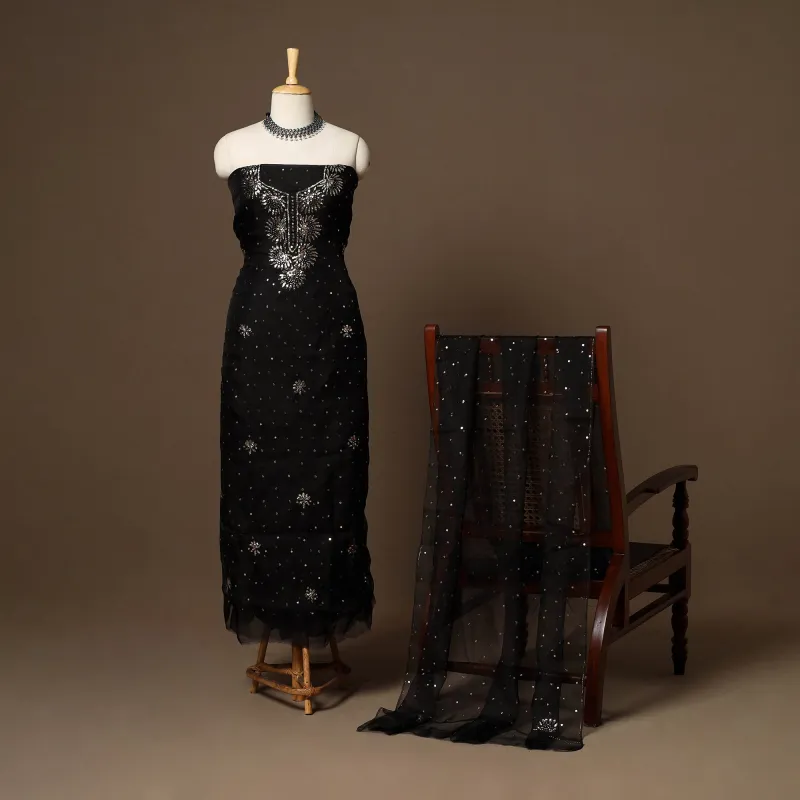 Black - 2pc Organza Silk Unstitched Mukaish Handwork Dress Material 35 sold by Itokri