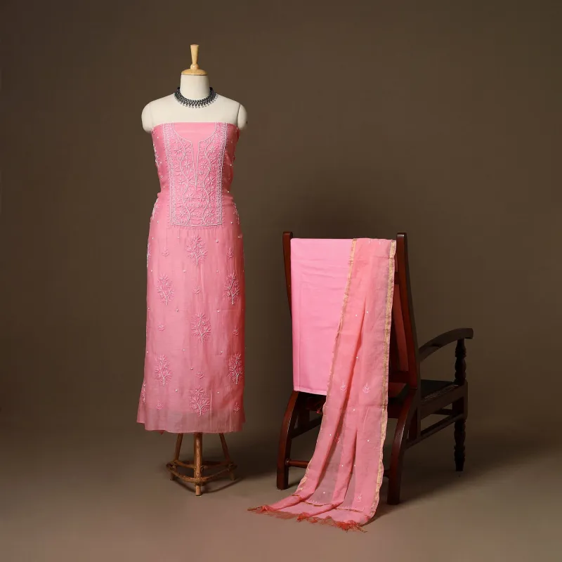 Pink - 3pc Chanderi Silk Unstitched Hand Beads Work Heavy Chikankari Dress Material 23 sold by Itokri