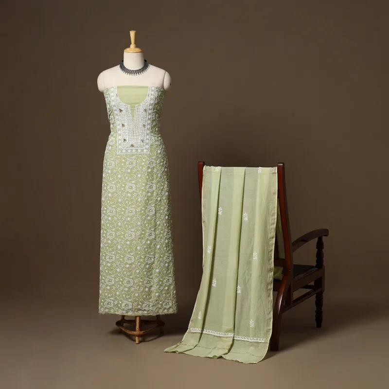 Green - 2pc Mul Chanderi Unstitched Hand Beads Work Heavy Chikankari Dress Material 21 sold by Itokri