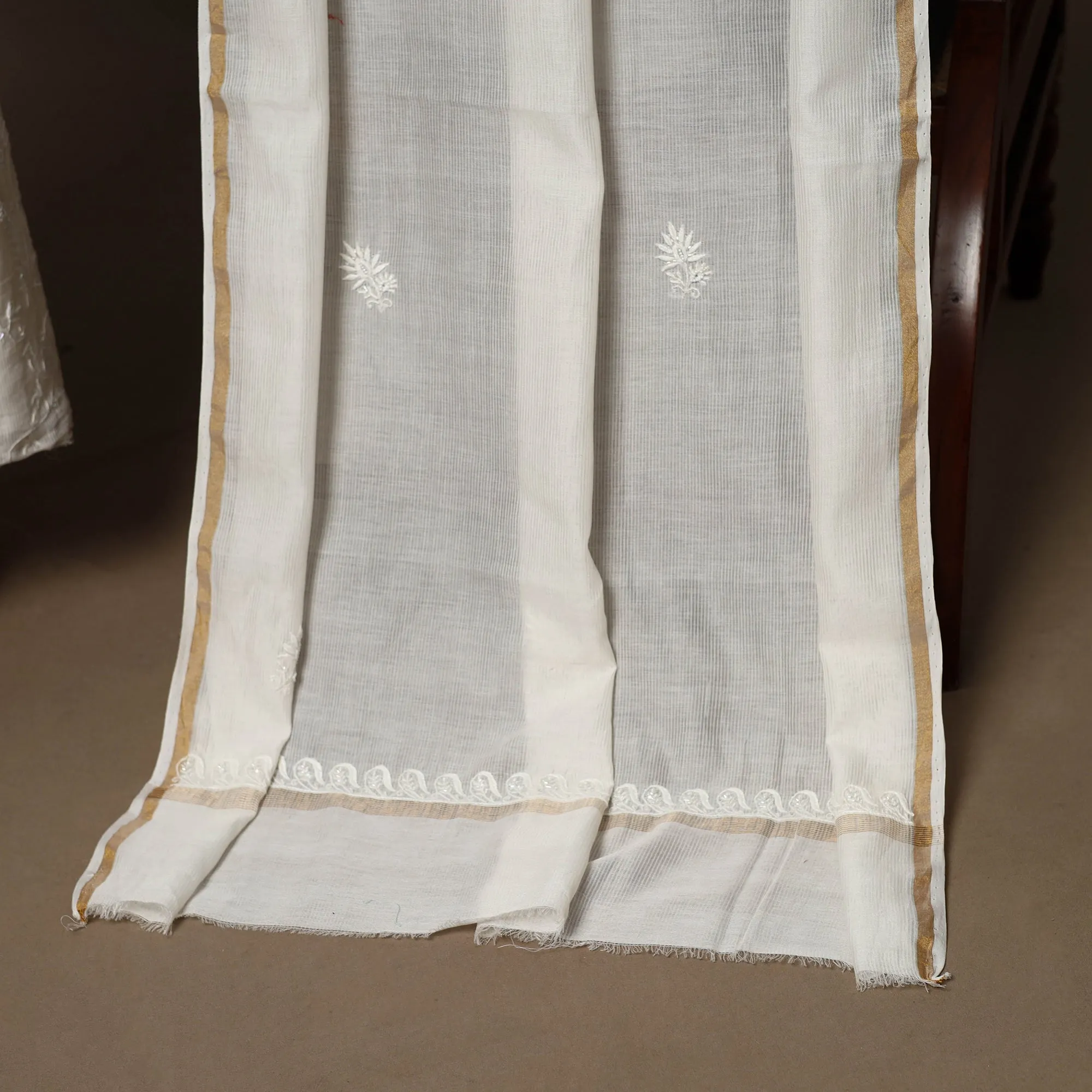 Beige - 2pc Mul Chanderi Unstitched Hand Beads Work Heavy Chikankari Dress Material 17 sold by Itokri product image thumbnail 4