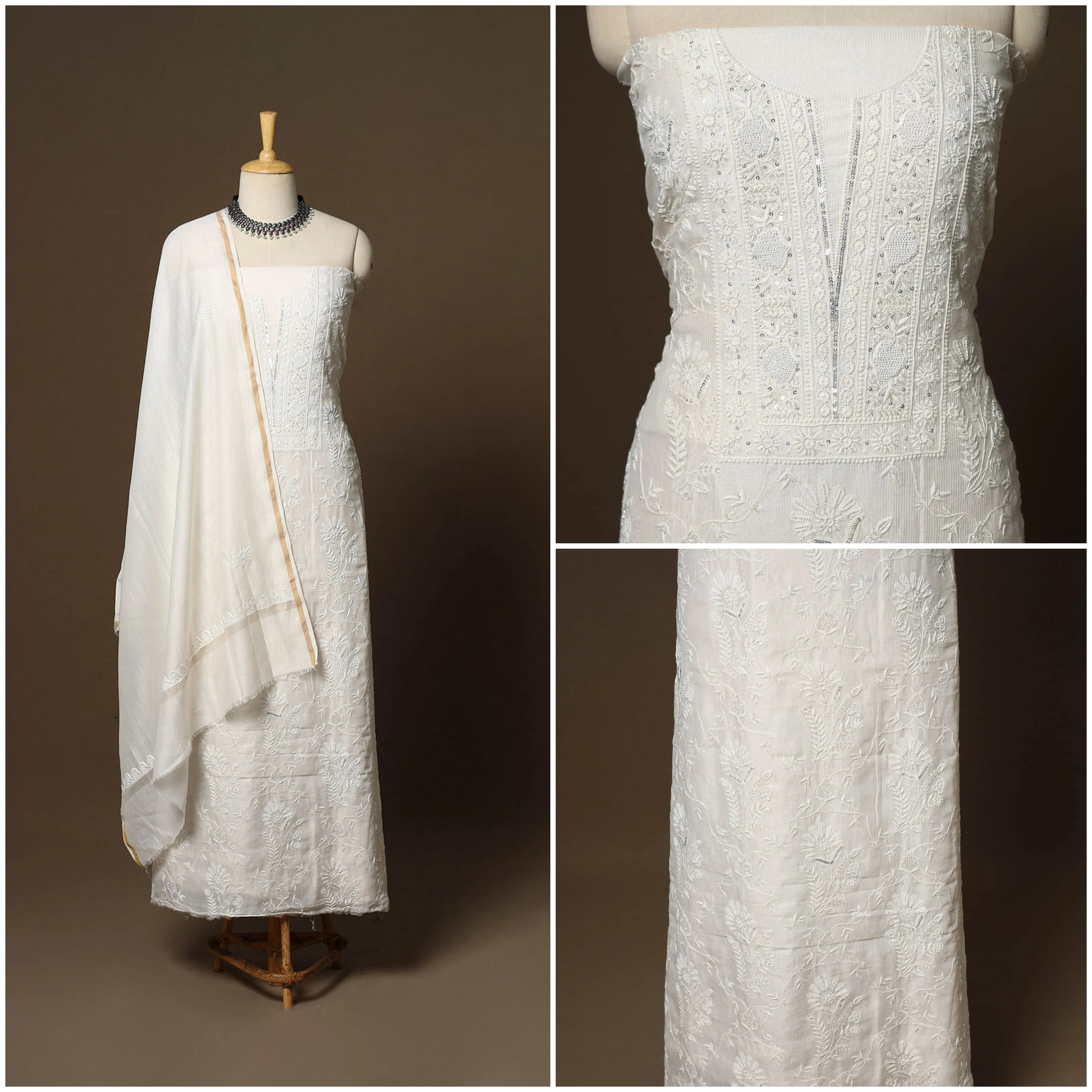 Beige - 2pc Mul Chanderi Unstitched Hand Beads Work Heavy Chikankari Dress Material 17 sold by Itokri product image thumbnail 3