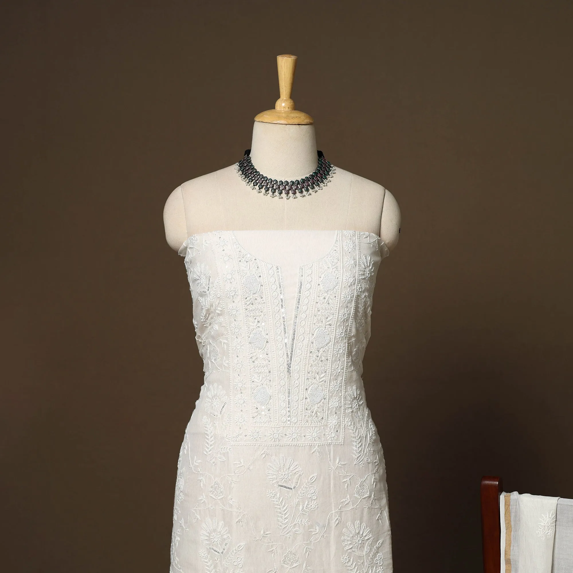 Beige - 2pc Mul Chanderi Unstitched Hand Beads Work Heavy Chikankari Dress Material 17 sold by Itokri product image thumbnail 2