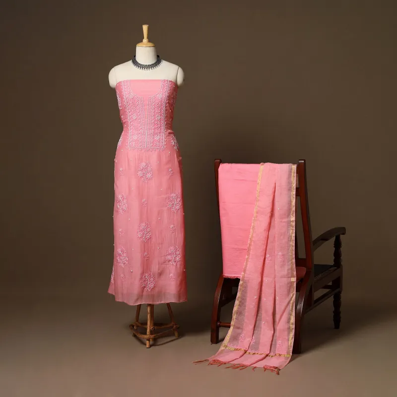 Pink - 3pc Chanderi Silk Unstitched Hand Beads Work Heavy Chikankari Dress Material 26 sold by Itokri