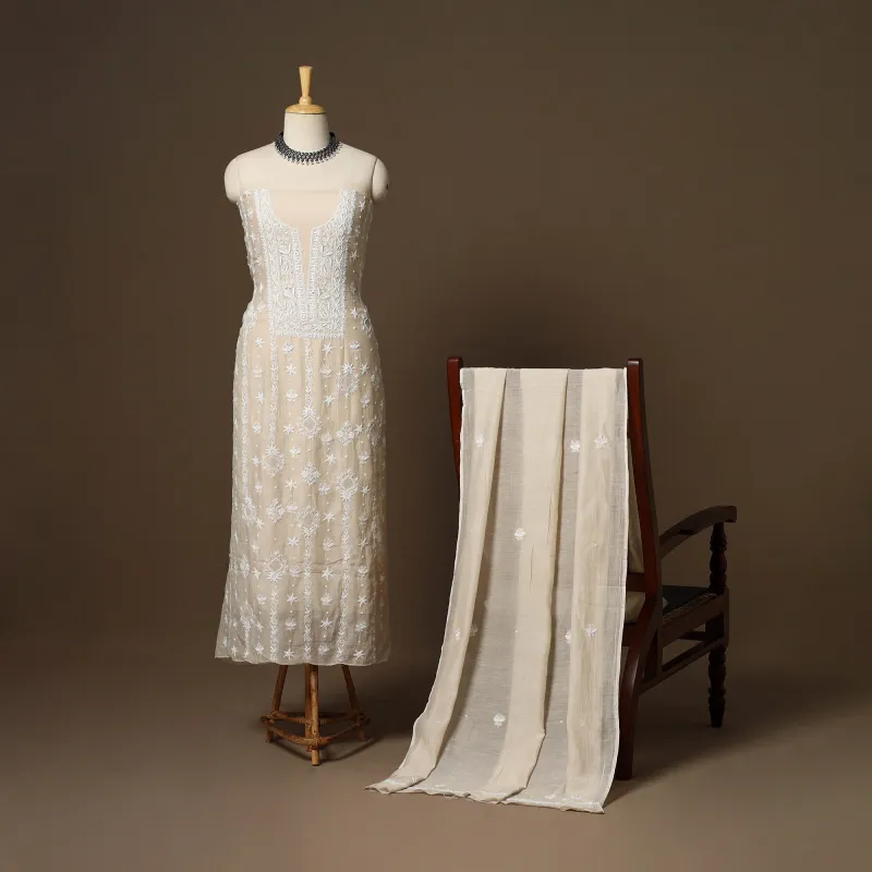 Beige - 2pc Mul Chanderi Unstitched Hand Beads Work Heavy Chikankari Dress Material 19 sold by Itokri